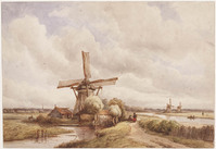 KT 1989 066
<br/>
Drie poldermolens aan de Haagvliet of Trekvliet nabij Den Haag
<br/>
<em>Eymer, Arnoldus Johannes (1803-1863)</em>
